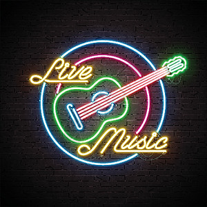 现场音乐霓虹灯标志与吉他和砖墙背景上的字母 装饰封面传单或促销派对海报的设计模板图片