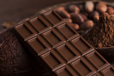 巧克力粉末可可豆 巧克力棒和食物甜点背景粉末巧克力宏观美食营养酒吧诱惑可可饮食小吃背景