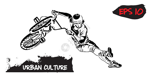 与城市文化代表的插图  BMX 骑手在白色背景下跳跃 极端主题现代印花运动车轮诡计自行车街道青少年生活草图行动活力图片