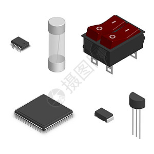 3D 矢量图中的一组不同的电子元件塑料照片微电路插图处理器剪贴画电气电容器贴片金属图片