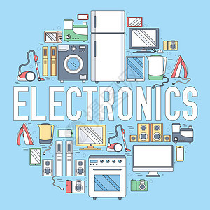 家电圈信息图表模板概念 为您的产品或设计网络和移动应用程序设计图标 它制作图案矢量扁平细线大纲烹饪微波音乐火炉电脑立体声娱乐咖啡图片