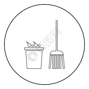 桶和扫帚图标黑色圆圈互联网标题工具网络市场服务卫生圆形贸易海报图片