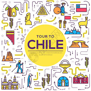 国家地区智利细线商品和功能指南 一套大纲建筑时尚人物项目自然背景概念 用于 web 和 mobil 的信息图表模板设计旗帜游客建图片