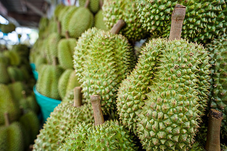 达里安在篮子上食物黄色榴莲绿色热带市场异国白色水果营养图片