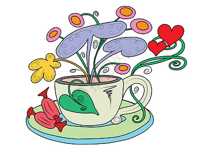茶杯 有仙女花朵静物乐趣插图童话生长热情烟花花束糖果咖啡图片