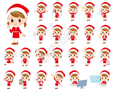 圣诞老人服装女孩孩子们注意力姿势笔记电脑女性电话面部表情插图图片