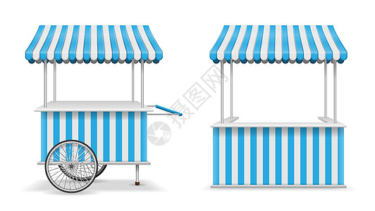 一套现实的街头食品亭和车轮 蓝色移动市场摊牌模板 农户小卖店模型 矢量插图图片