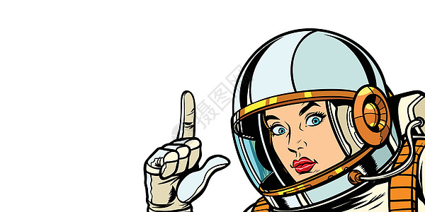 宇航员妇女在白色背景上用手指向上隔离图片