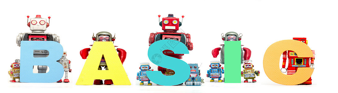复古铁皮机器人玩具高举BASI字样背景图片