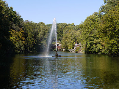 蛇口的高喷泉喷泉喷气机喷洒在公园一个大湖的表面上图片