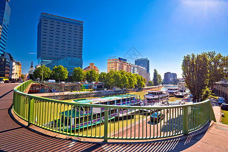 维也纳市Dandube河水边观点建筑街道天际旅行天空首都中心帝国蓝色全景图片