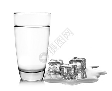 白色背景的玻璃杯水和冰块图片