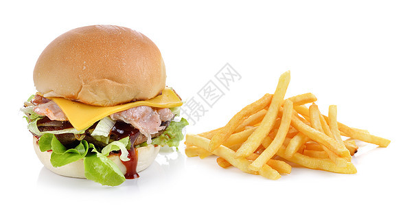 美味肉汉堡包 白底薯条和炸薯条白色宏观食物蔬菜面包包子芝士汉堡芝麻牛肉图片