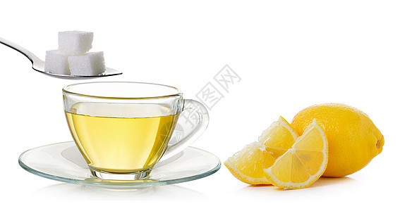 白底孤立的一杯柠檬茶和糖杯子图片