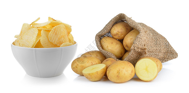 白后腹骨灰上孤立的袋中土豆薯片和马铃薯图片