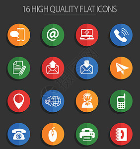 联系我们 16 平面图标电话操作员细胞信封行星圆形老鼠手机记事本笔记本背景图片