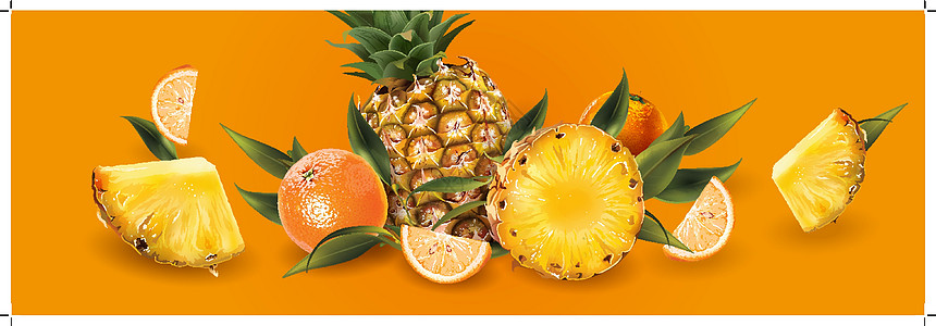 橙色背景的菠萝和橘子甜点餐厅水果包装叶子果汁厨房标签生态徽章图片
