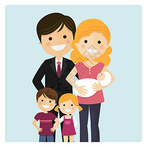 蓝色背景中有两个孩子和一个新生儿的家庭卡通片男生童年乐趣母亲儿子微笑婴儿女孩女士图片