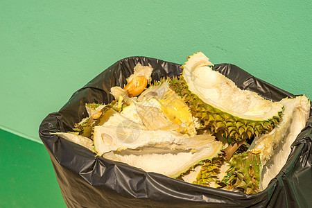 在垃圾堆中丢弃 durian 皮 Pastel 绿色背景组织食物垃圾甜点饮食榴莲水果皮肤市场文化图片