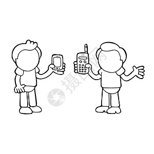 两个男人的矢量手工绘画漫画 展示他们的新旧音响工作技术成人青少年细胞惊喜伙计男生手机互联网图片