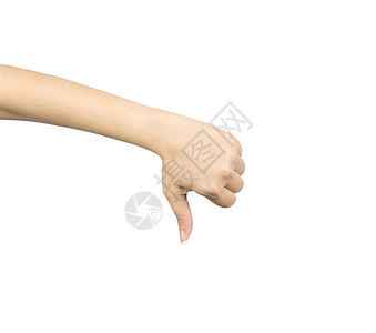 白色背景上孤立的亚洲女性手拇指向下手势图片
