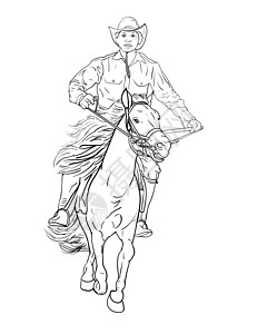 绘制牛仔骑马的黑白画哺乳动物艺术草图舞步运动骑师白色速度赛车马背图片