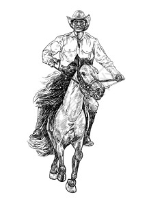 绘制牛仔骑马的黑白画男人草图赛车跑步竞赛绘画艺术哺乳动物舞步马术图片