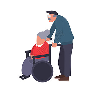散步的成熟夫妇 照顾残疾人 老人背着一位坐在轮椅上的老妇人 老年夫妇的卡通矢量插图图片