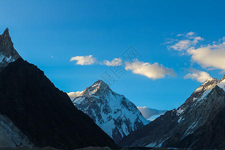 K2是世界第二高山 巴基斯坦卡拉库鲁姆山脉背包蓝色碎石天空戏剧性晴天首脑崎岖荒野风景图片