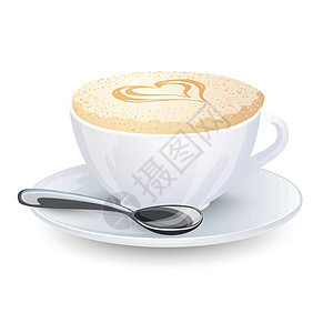 Cappuccino 以牛奶泡沫为心脏 在白杯中喝咖啡时流行用碟子和勺子来隔离透明背景 矢量插图图片