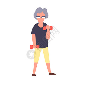高级健身女人用哑铃训练 娱乐休闲高级活动理念 卡通老年女性角色图片
