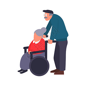 散步的成熟夫妇 照顾残疾人 老人背着一位坐在轮椅上的老妇人 高级夫妇的卡通插图图片