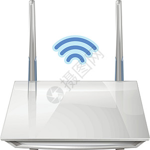 在白色背景上隔离的逼真 3D 无线路由器  WiFi 和互联网的来源 矢量图电脑插头插图数字用户线局域网硬件网关宽带防火墙图片
