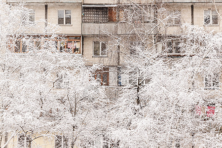 高楼背景下厚厚层积雪下的树木天气雪堆院子阳台广告新年艺术住房太阳多层图片