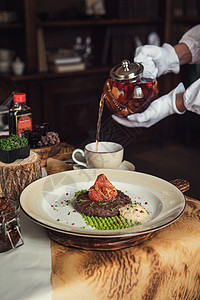 牛蒡茶好吃的高级厨房乡村餐厅食物茶壶盘子牛肉仆人花生服务员烧烤背景