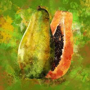 水彩画木瓜在绿色背景的番木瓜 它制作水彩画餐厅包装广告徽章蜜饯烹饪斑点食物标签橙子背景