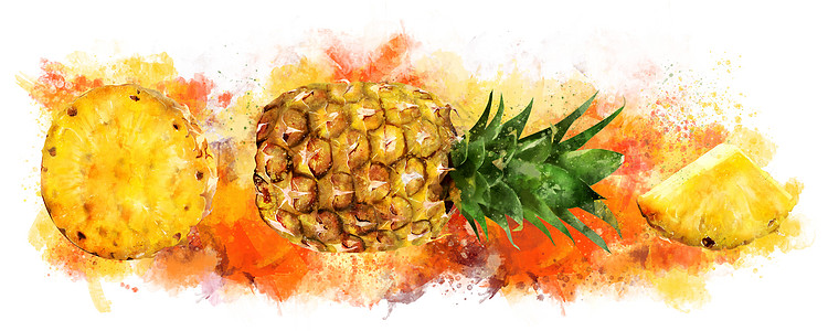 白色背景上的菠萝 它制作水彩画徽章水彩厨房蜜饯美食甜点烹饪包装插图果汁图片