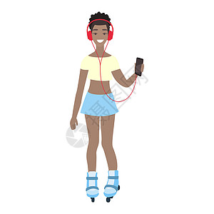 非洲裔美国女大学生戴着耳机听音乐 快乐的小女孩溜冰和听音频图片