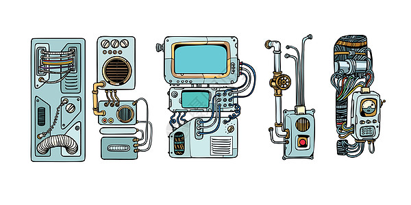 赛博朋克机器人机制和机器 空间的细节卡通片电脑管子工厂蒸汽框架流行音乐工具创新电子人图片