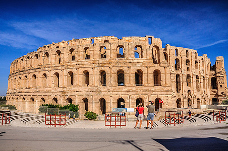 北非最大群落的废墟 El Jem 突尼斯 教科文组织吸引力旅游全景石头阳光角斗士旅行天空观光古董图片