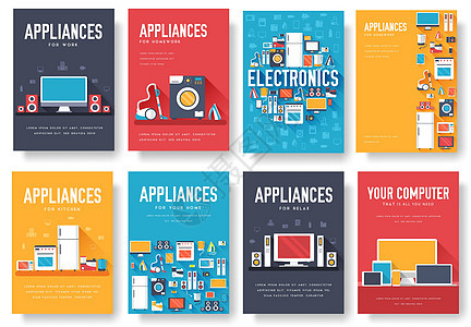 家电卡套装 封面横幅的电子模板 设备信息图表概念背景 布局插图模板页面与排版 tex咖啡电影喇叭音乐电视炊具房间火炉冰箱剧院图片