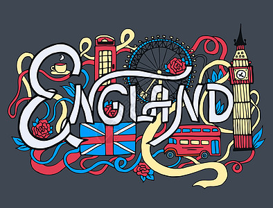 地图设计英国艺术抽象手刻字和涂鸦元素背景 为您的 designweb 和移动应用程序设计的彩色模板的矢量插图国家节日城市王国摩天轮英语明插画