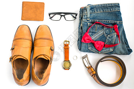 白背景男子的服饰男性衬衫男人袜子牛仔裤衣服眼镜钱包正方形商业图片