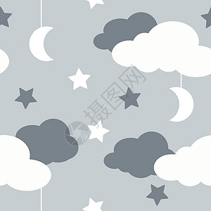 无缝模式 灰色夜晚 以线条艺术风格中天空元素的星空元素卡通片星星亚麻婴儿太阳蓝色孩子收藏月亮打印图片