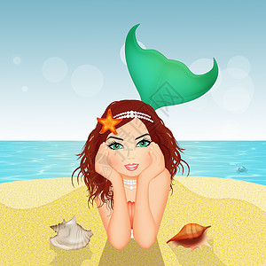 海滩上的美人鱼女孩海星女士警笛热带插图情调假期尾巴异国图片
