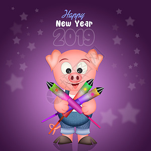 猪年烟花新年卡通片哺乳动物粉色十二生肖文化庆典插图明信片图片