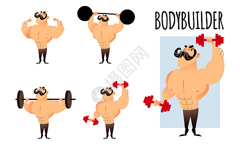 坚固的肌肉运动健体建筑机组 卡通字符杠铃重量哑铃俱乐部身体姿势举重主义动员健身房图片