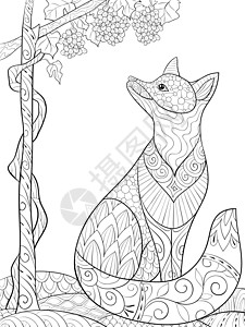 成人着色书 页面上有可爱的狐狸形象供放松活动水果绘画海报曲线冥想卡通片插图树叶森林花瓣图片
