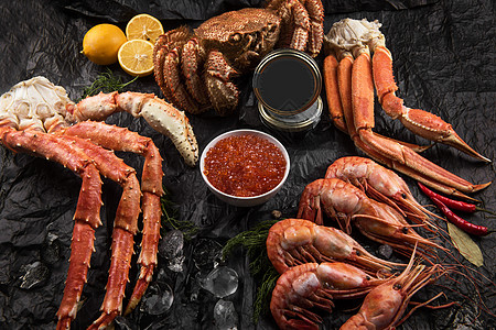 套新鲜的海鲜菜单章鱼柠檬癌症龙虾贝类盘子甲壳小龙虾食物图片