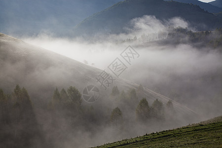 云丘山罗马尼亚萨尔西乌亚山丘的浓雾的夏季风景森林日落薄雾天空冒险阳光旅游蓝色假期爬坡背景